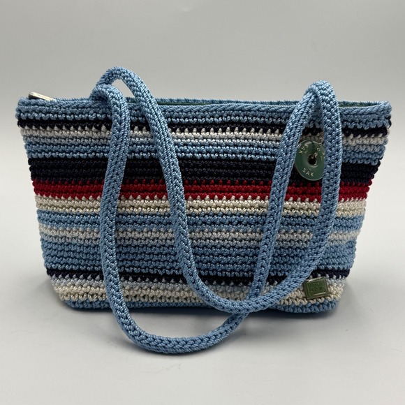 The Sak Handbags - The Sak Crochet Stripe Shoulder Bag in Light Blue, Navy, Red, Cream